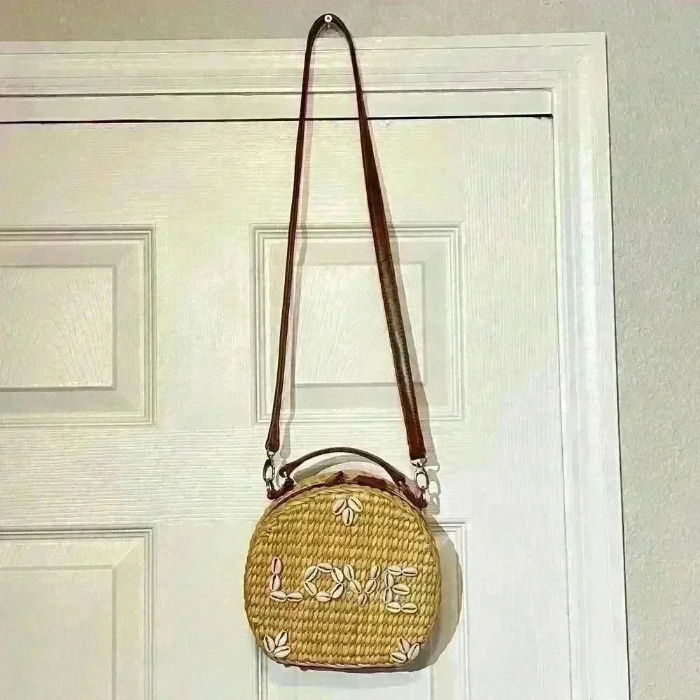POOLSIDE x Dannijo Ariana “LOVE” Shell Rattan Circular Basket Handbag Purse